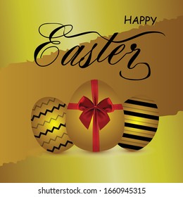 Design with a set of eggs of gold color with glitter and a pattern on pendants, a postcard.