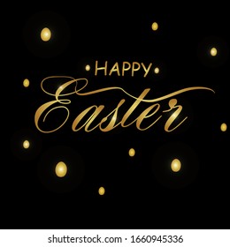 Design with a set of eggs of gold color with glitter and a pattern on pendants, a postcard.