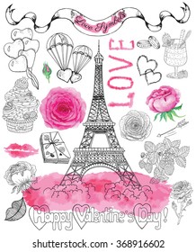 Design set with the Eiffel Tower, roses, text, banner and love symbols. Line art doodle illustration with hand drawn elements. Valentine's Day and holiday theme