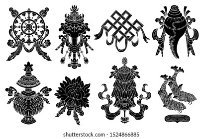 Design set with eight black silhouettes of auspicious symbols of Buddhism isolated on white. Religious hand drawn vector illustration, buddhist background