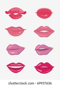 Design set of eight female lips. Beauty and make-up. Vector illustration