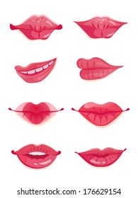 Design set of eight hot pink female lips. Beauty and make-up