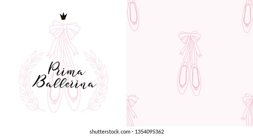 Design set of emblem print with Ballerina shoes in Laurel wreath frame and small-scaled Pointe shoes neutral seamless background. Lovely girlish ballet themed pink coloured vector graphics for apparel