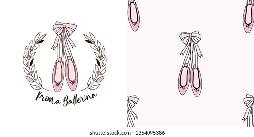 Design set of emblem print with Ballerina shoes in Laurel wreath frame and small-scaled Pointe shoes seamless background. Lovely girlish ballet themed pink coloured vector graphics for apparel t-shirt