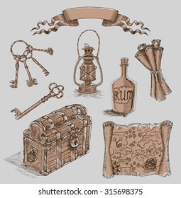 Design Set With Engraved Pirate Objects: Trunk, Pirate Map, Old Lamp, Keys.  Hand Drawn Illustration