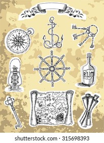 Design set of engraved pirate objects on white shadow background, hand drawn illustration