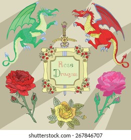 Design set with European dragons, roses and frame with sword, hand drawn elements