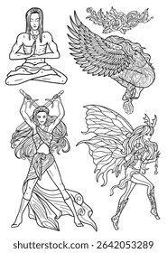 Conjunto de design com personagens de fantasia de anjo, guerreiro, fadas e elementos decorados para tatuagem, impressão, cartas de tarô. Desenhos de arte vetorial isolados em branco. Conceito místico, épico e aventuras 