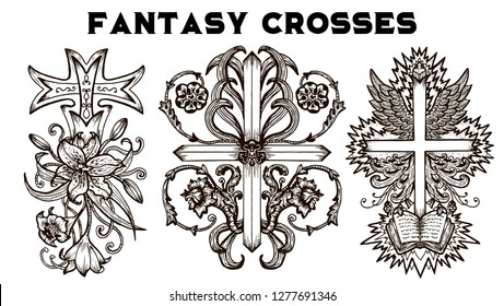 Design set with fantasy crosses with baroque pattern, flowers and wings isolated on white. Vintage vector decorative religious illustration, old gothic graphic drawings
