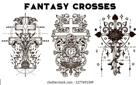 Design set with fantasy crosses with rose, gothic and baroque patterns on white. Vintage vector decorative religious illustration, old gothic graphic drawings