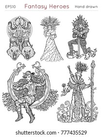 Design set with fantasy heroes and symbols of winter and spring on white. Hand drawn engraved vector illustration with isolated characters