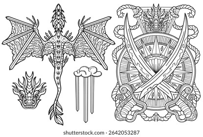 Ensemble de design avec des illustrations fantastiques de dragon, épées et éléments décorés pour tatouage, impression, cartes de tarot. Dessins au trait d'Image vectorielle isolés sur fond blanc. Concept mystique, épique et aventures 