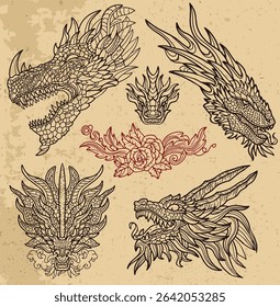 Design set with fantasy illustrations of dragons and decorated elements for tattoo, print, tarot cards. Vector line art drawings. Mystic, epic and adventures concept 