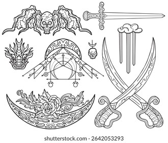 Ensemble de design avec des illustrations fantastiques d'épée, de démons et d'éléments décorés pour tatouage, impression, cartes de tarot. Dessins au trait d'Image vectorielle isolés sur fond blanc. Concept mystique, épique et aventures 