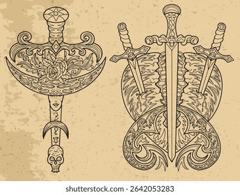 Ensemble de design avec des illustrations fantaisie épées d'éléments et décorés pour tatouage, impression, cartes de tarot. dessins au trait d'Image vectorielle. Concept mystique, épique et aventures 