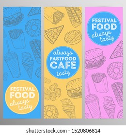 Design set fastfood cafe.Restaurant brochure,flyer.Hand drawn graphic.Vector illustration.