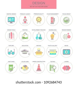Design. Set of flat vector icons. Seth contains icons such as: graphic design, photo gallery, design tools.