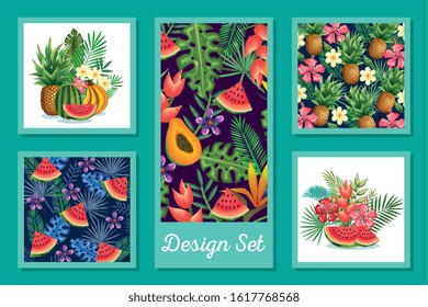 design set of fruits with flowers and leafs tropicals vector illustration design