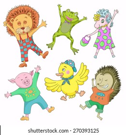Design set with funny animals wearing cute clothing isolated on white, hand drawn illustration