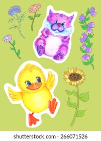 Design set with funny and cute duckling and purple squirrel with flowers, hand drawn illustration