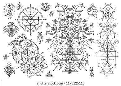 Design set with gothic abstract patterns and mystic symbols on white. Esoteric, occult and Halloween concept with sacred geometry elements, graphic vector illustrations for music album cover, t-shirts