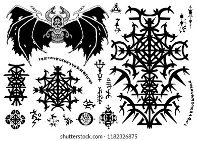 Design set with gothic symbols and winged evil demon on white. Esoteric, occult and Halloween concept, mystic vector illustrations for music album, book cover, t-shirts