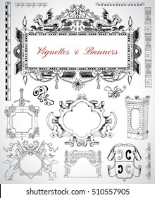 Design set with graphic drawings of antique vignettes, frames, banners and decorative labels for cards, maps, posters. Engraved illustrations. Old transportation and vintage adventures concept. 