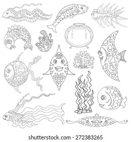Design set with graphic drawings of various exotic fish, aquarium and water grass, black and white silhouettes