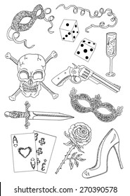 Design set with graphic hand drawn elements of romantic mafia and gangster theme. Demon skull, mask, cards, dice, rose, gun, dagger, glass of wine, shoe and ribbon