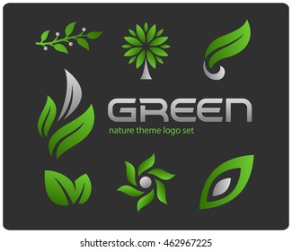 Design set of green natural logotypes on dark background