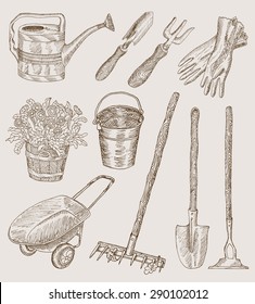 Design set with hand drawn garden tools. Watering can, working gloves, pail with flowers, wheelbarrow, rakes and others.