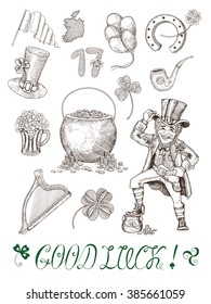 Design set with hand drawn graphic engraved symbols of St. Patricks Day: leprechaun, pot of gold, pipe, hat, horseshoe, harp and shamrock. Doodle and line art vector drawings isolated on white