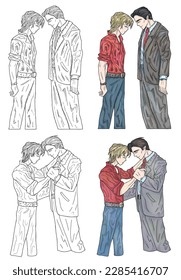 Design set with hand drawn vector illustration of romantic young gay couple isolated on white, men cartoon characters lovers. Black and white and colorful art. One gender love concept