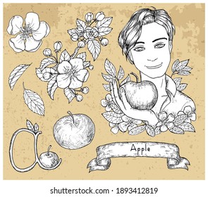 Design set with handsome man holding apple and fruits over textured background. Hand drawn engraved vector illustration, botanical collection, healthy eating, vegan and vegetarian concept. 
