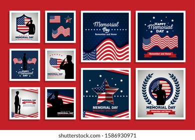 design set of happy memorial day vector illustration design