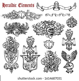 Design set with heraldic elements isolated on white. Hand drawn engraved illustration with mythology and fantasy creatures, medieval coat of arms