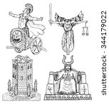 Design set with historical characters and objects: justice lady, emperor, warrior on chariot, tower. Hand drawn engraved graphic illustration with people. 
