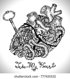 Design set with human heart with mechanical parts, key and text. Graphic collection for antique decorations, card. Hand drawn vintage vector illustration with Valentine’s Day concept