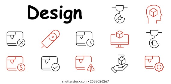 Ícone do conjunto de design. Impressora 3D, carretel, caixa com relógio, cubo na tela, aviso, símbolo de dólar, pacote verificado, cubo de mão, engrenagem.