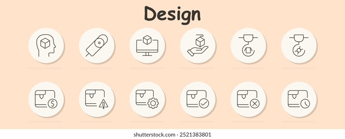 Design set icon. 3D printing, cube, computer, hand holding a cube, printer, warning, settings, checkmark, cross, clock, object creation, technology, printing error, control, maintenance - Powered by Shutterstock - Get 15% off with code: PIKWIZARD15