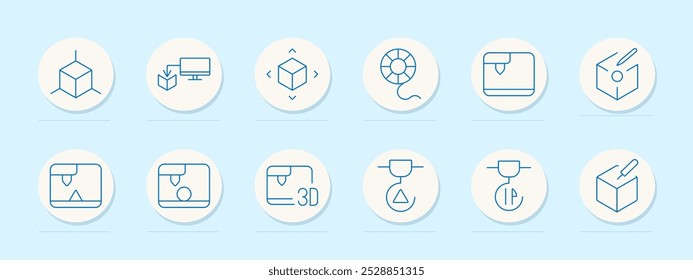 Design set icon. 3D printing, cube, computer, hand holding a cube, printer, warning, settings, checkmark, cross, clock, object creation, technology, printing error, control, maintenance, production - Powered by Shutterstock - Get 15% off with code: PIKWIZARD15