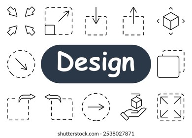 Icono de conjunto de diseño. Flechas que apuntan hacia adentro, cuadrado en expansión, flecha que apunta hacia abajo, cubo, flecha circular, flecha de arrastre, retención de objeto, flecha hacia adelante, cambiar el tamaño del cuadrado