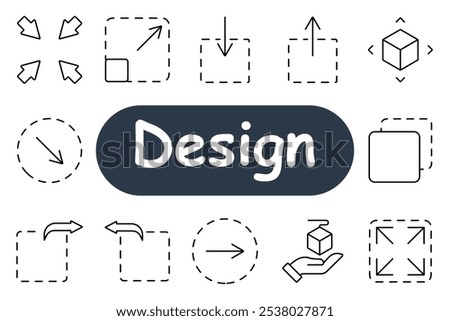 Design set icon. Arrows pointing inward, expanding square, arrow pointing down, cube, circle arrow, dragging arrow, object hold, arrow forward, resize square