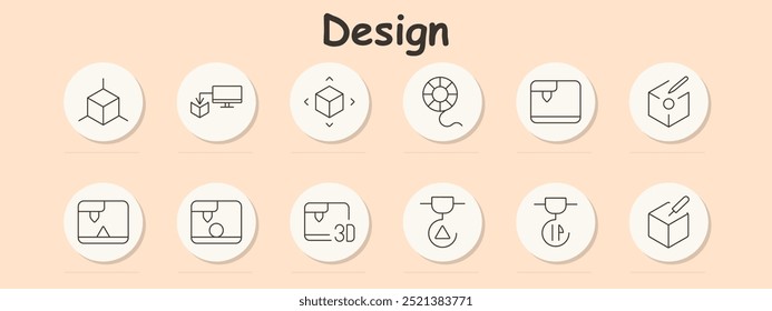 Design set icon. Computer, cube movement, filament reel, 3D printer, object creation, design cube, settings, triangle, printing error, edit cube, precision, technology, material loading, digital model