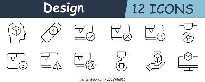 Design set icon. Head, digital pen, checkmark, package with cross, clock, package with settings, hand holding cube, 3D modeling, dollar sign, caution triangle, gear, monitor. - Powered by Shutterstock - Get 15% off with code: PIKWIZARD15