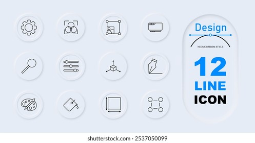 Design set icon. Icons feature cogwheel, color balance tool, cropping tool, monitor, magnifying glass, adjustment sliders, 3D axis, pencil drawing, palette, color dropper, scale tool, alignment tool