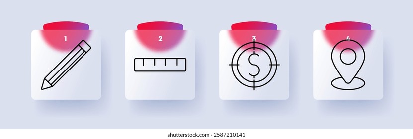 Design set icon. Pencil, ruler, target with dollar sign, location pin, drawing, measurement, finance, precision, planning, navigation, strategy