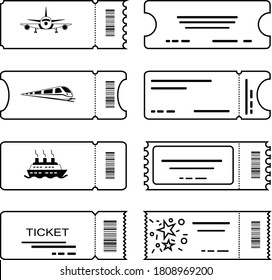 Design of a set of icons of different shapes of tickets.
Airplane, train, cruise ship, concert in the style of minimalism.