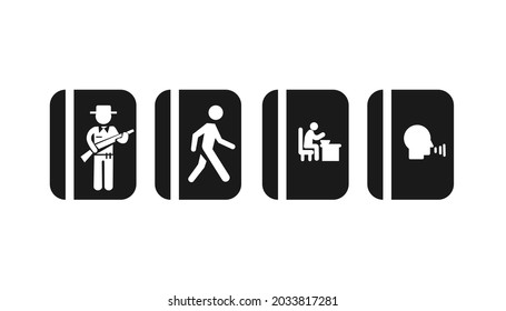 design set of icons or symbols of hunters, people walking, eating, talking.
