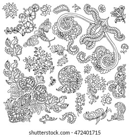 Design set with isolated black and white floral patterns for adult coloring book. Vector vintage ornament elements. Abstract hand drawn doodle illustration
